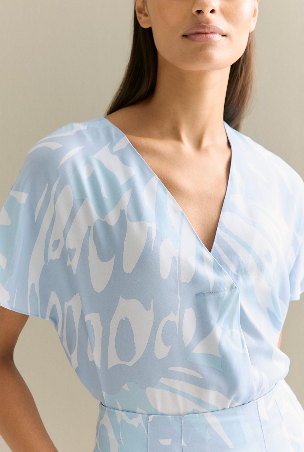 Draped Twill Butterfly Print V Neck Top