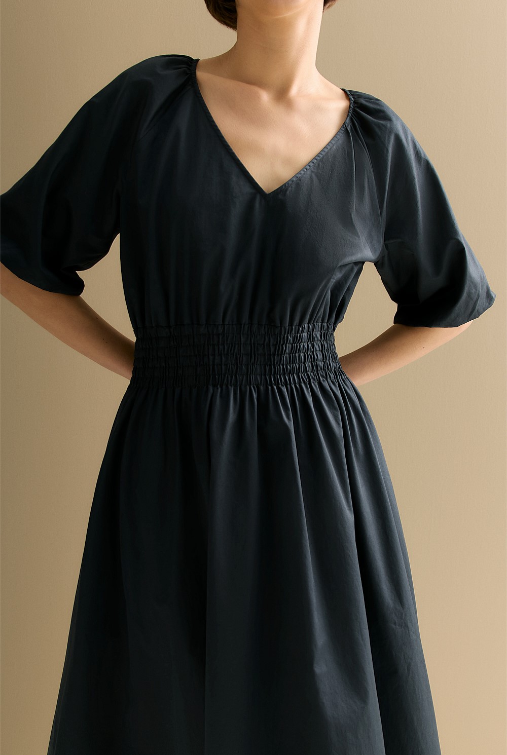 Cotton Sateen Shirred Waist Dress