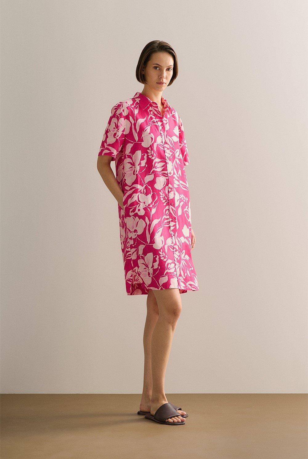 Linen Floral Button Through Short Sleeve Shift Dress