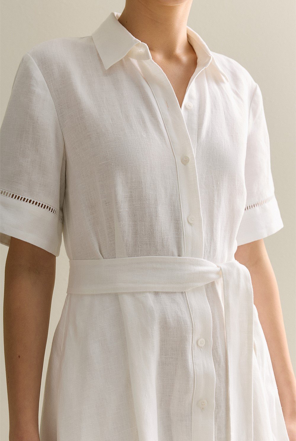 Linen Ladder Stitch Detail Short Sleeve Dress