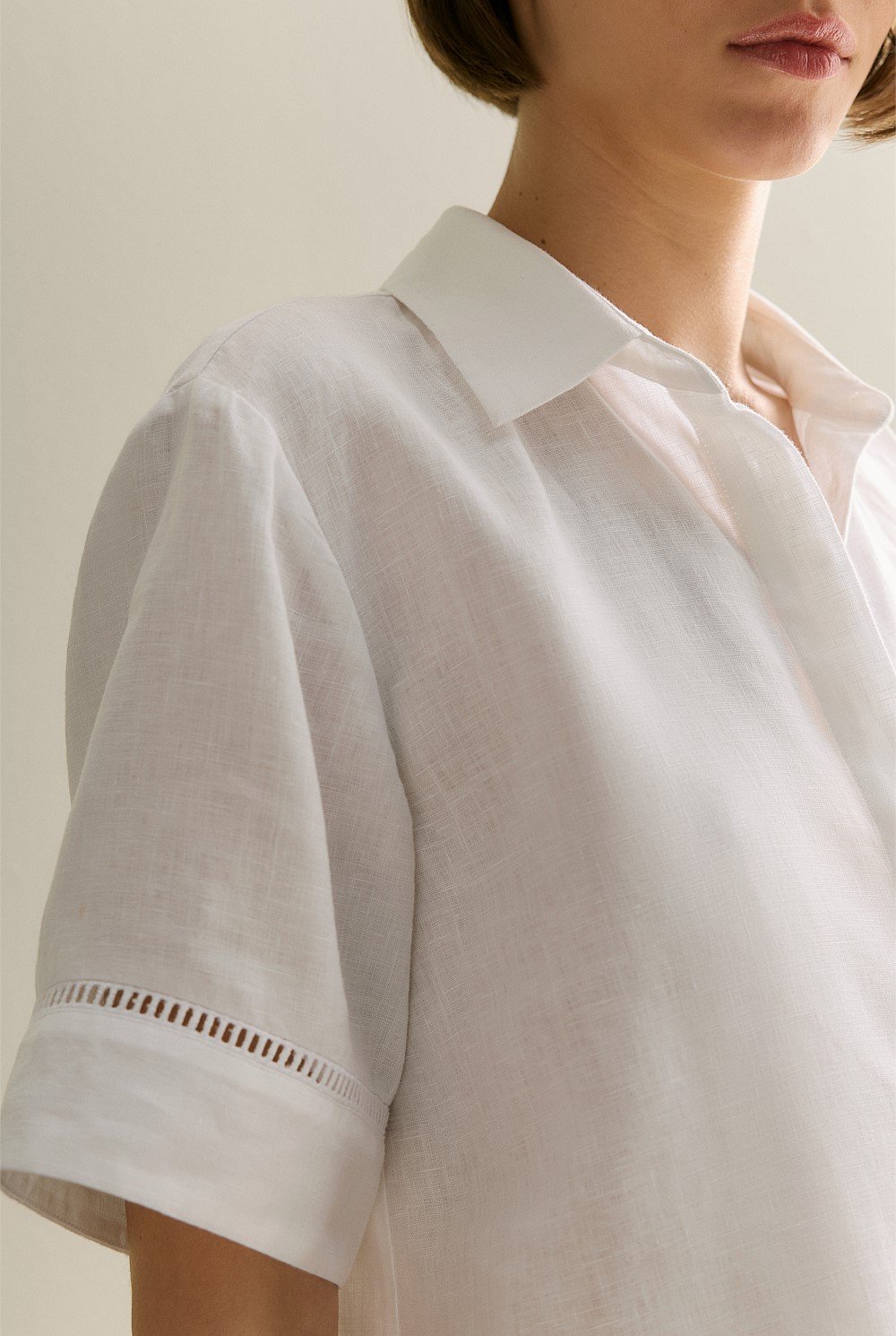 Delave Linen Ladder Stitch Detail Short Sleeve Shirt