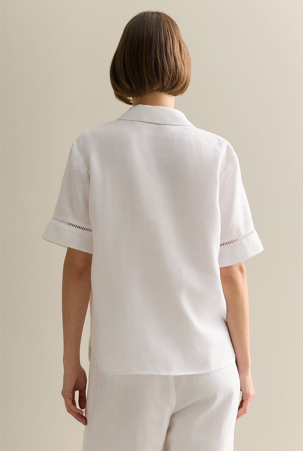 Delave Linen Ladder Stitch Detail Short Sleeve Shirt