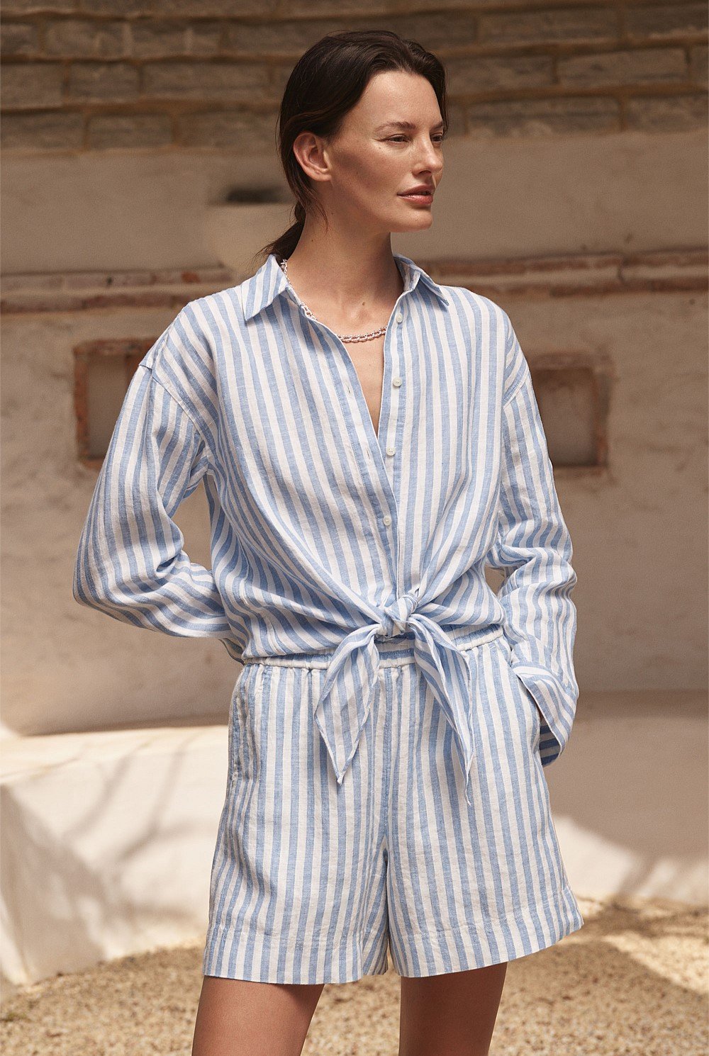 Yarn Dyed Linen Stripe Tie Front Shirt