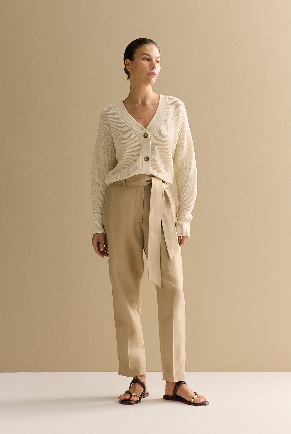 Linen Twill Belted Straight Leg Pant