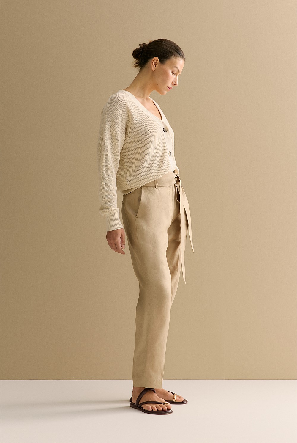 Linen Twill Belted Straight Leg Pant