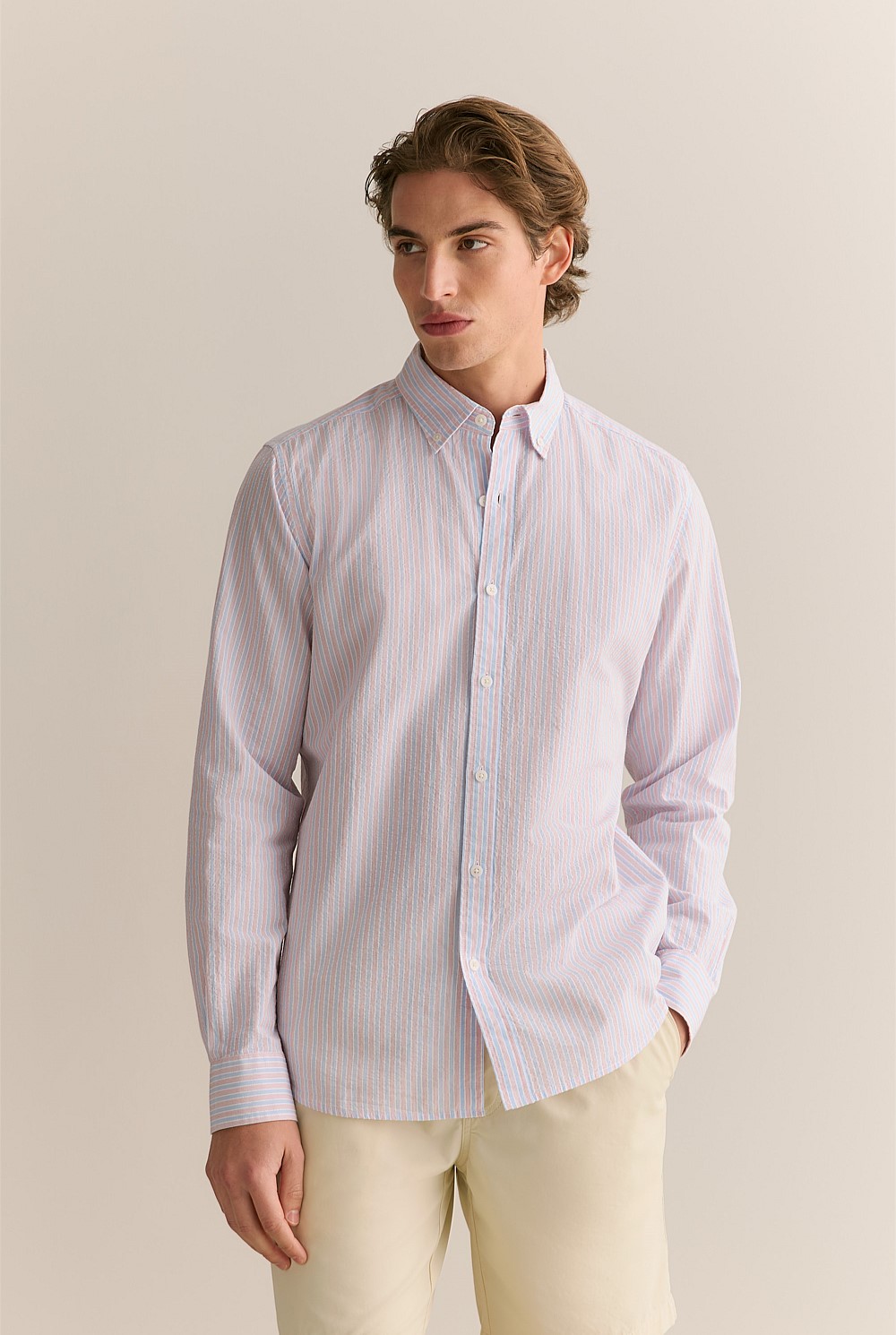 Regular Fit Cotton Seersucker Stripe Shirt