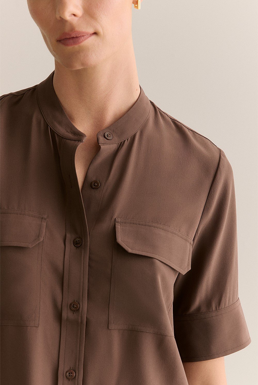 Silk Collarless Pocket Detail Shirt