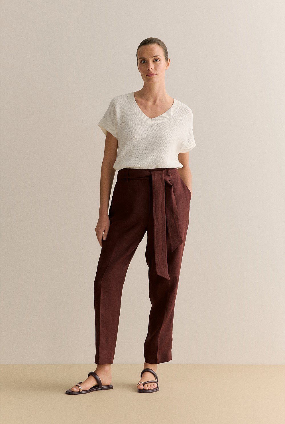 Linen Twill Belted Straight Leg Pant