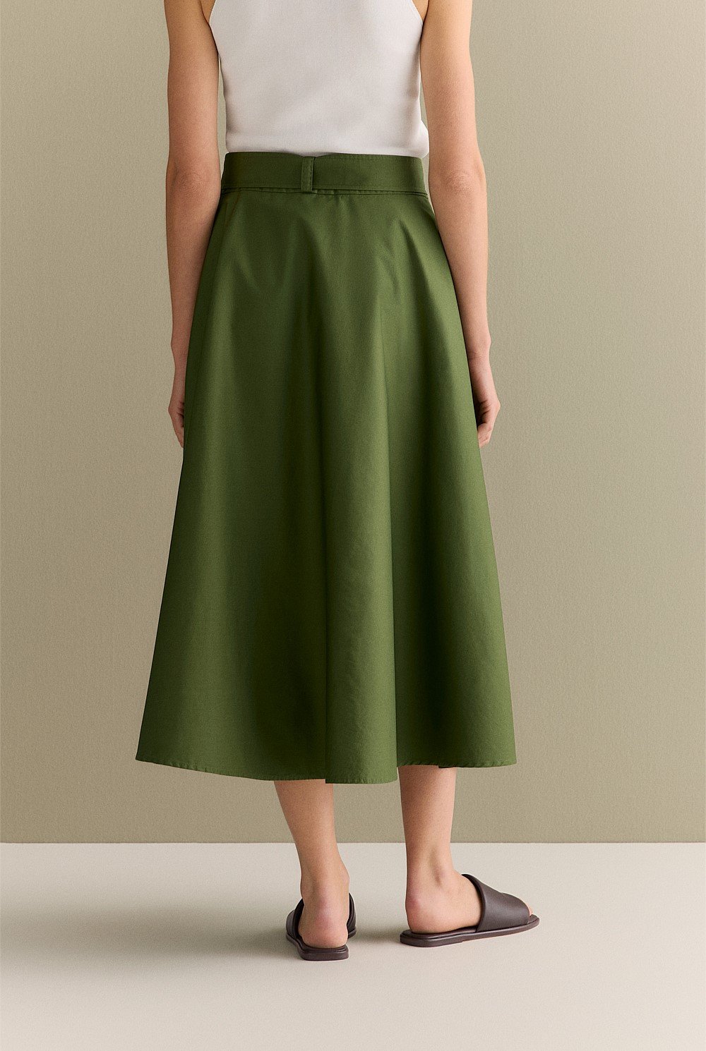 Cotton Sateen Belted Midi Skirt