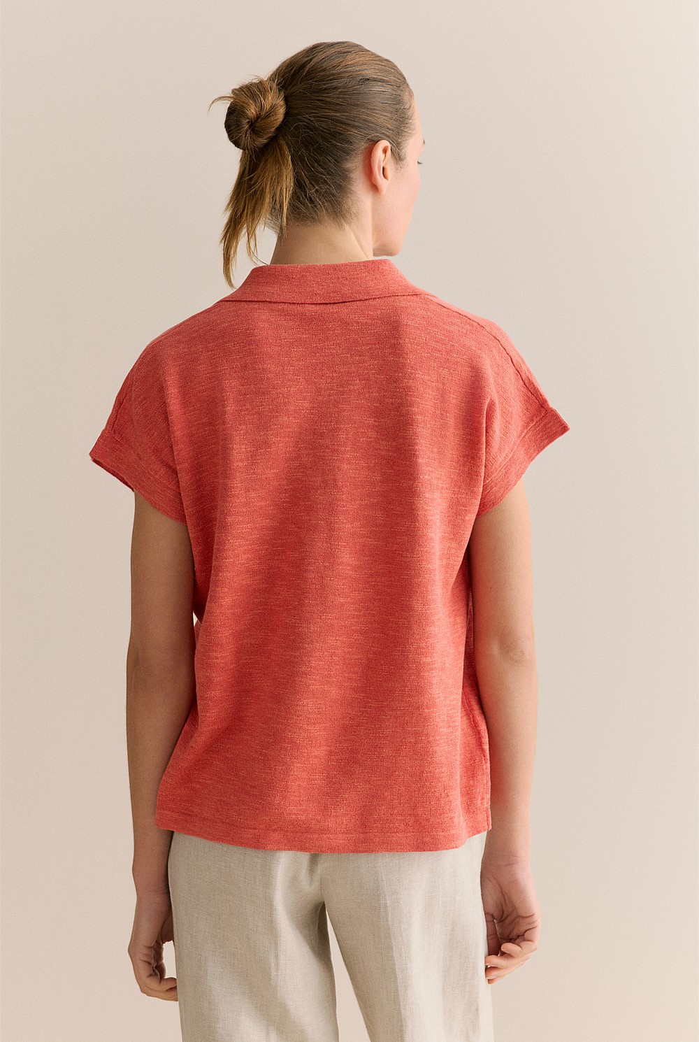 Linen Cotton Knit Relaxed Polo Top