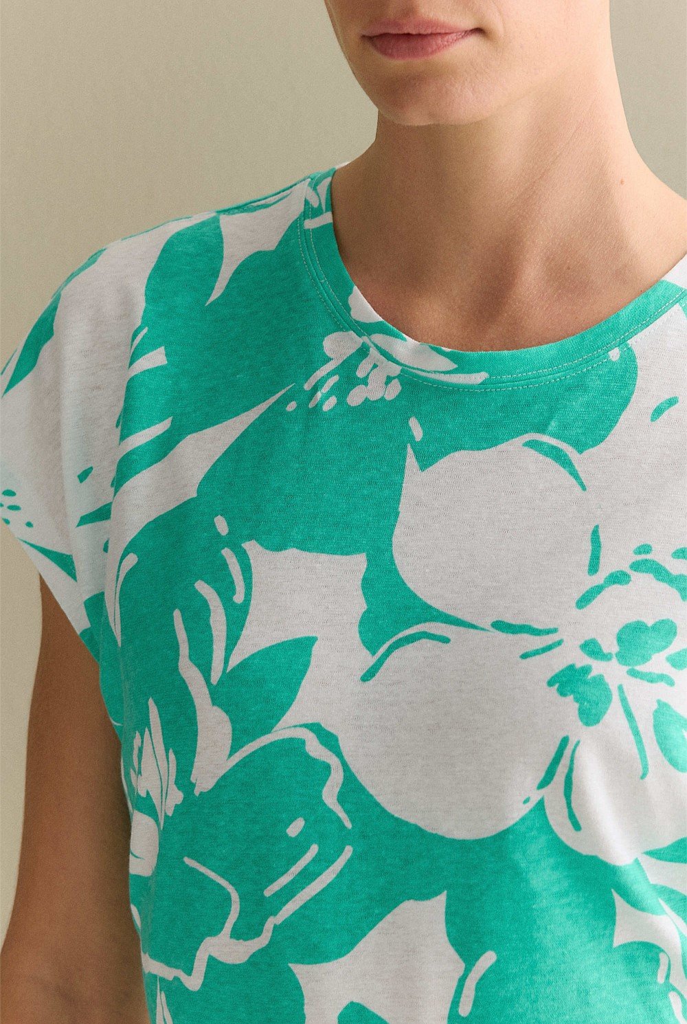 Linen Cotton Floral Relaxed Cap Sleeve T-shirt