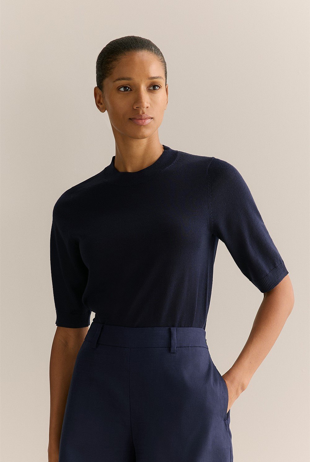 Merino Mock Neck Half Sleeve Knit