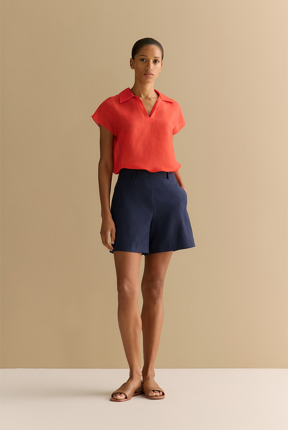 Linen Silk Collared Short Sleeve Top