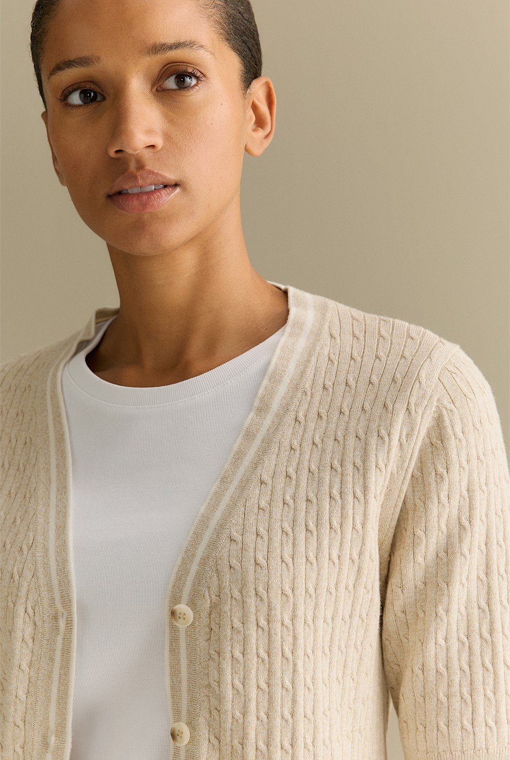 Cotton Cashmere Cable Half Sleeve Cardigan