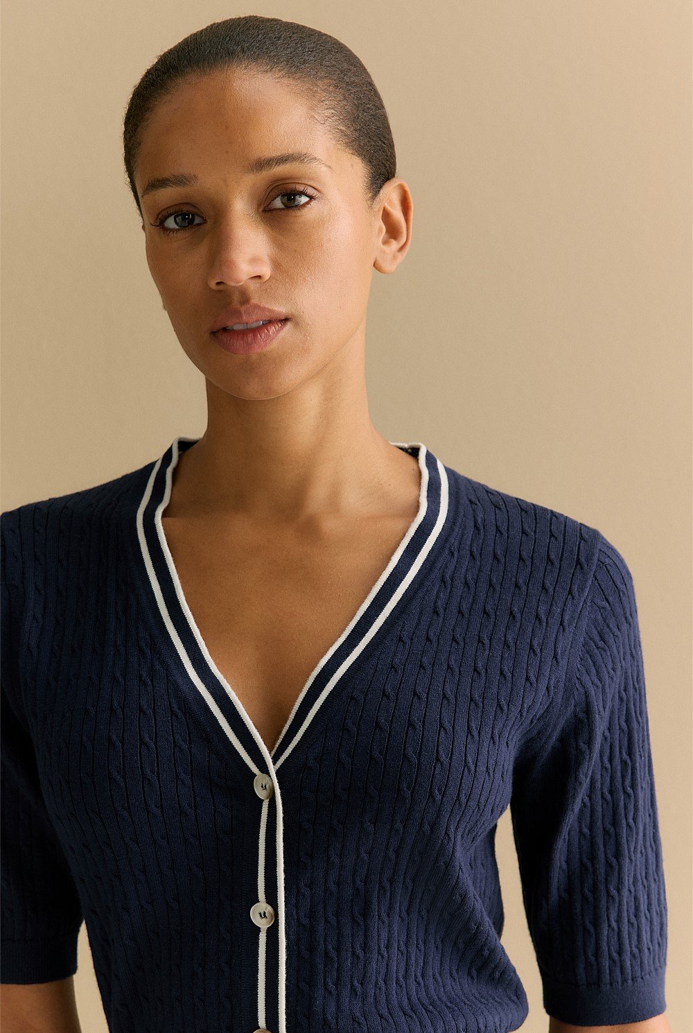 Cotton Cashmere Cable Half Sleeve Cardigan