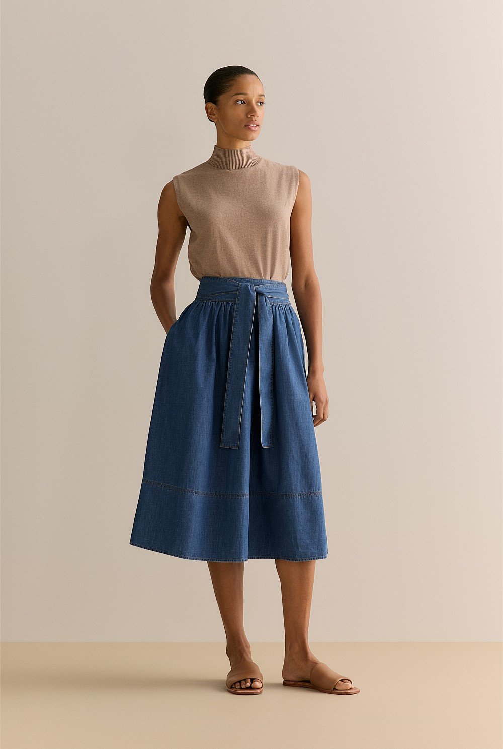 Cotton Denim Tie Waist Full Skirt