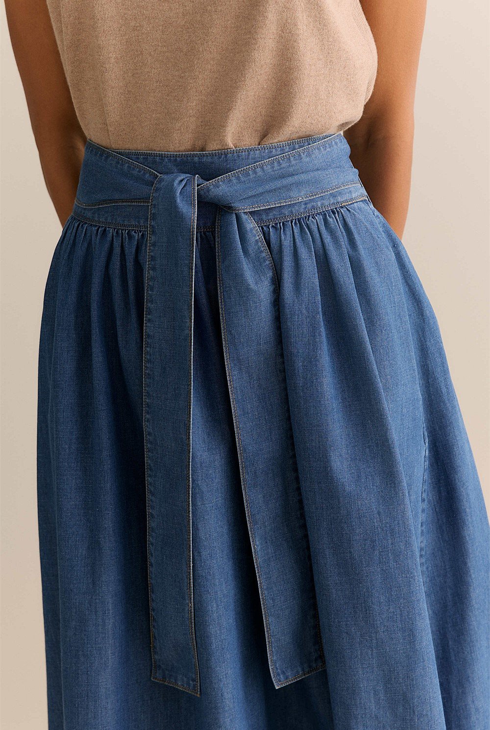 Cotton Denim Tie Waist Full Skirt