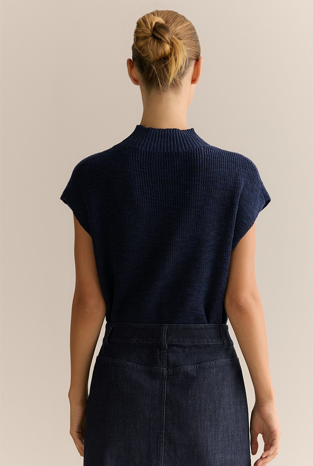 Linen Cotton Mock Neck Relaxed Knit Top