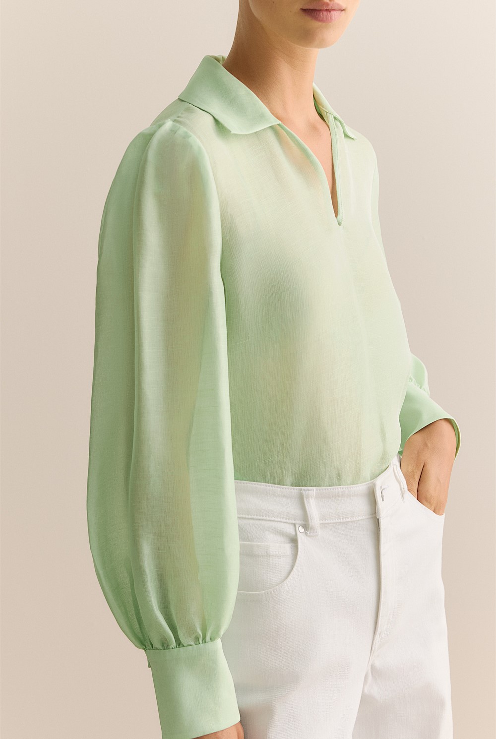 Linen Silk Crosshatch Collared Top