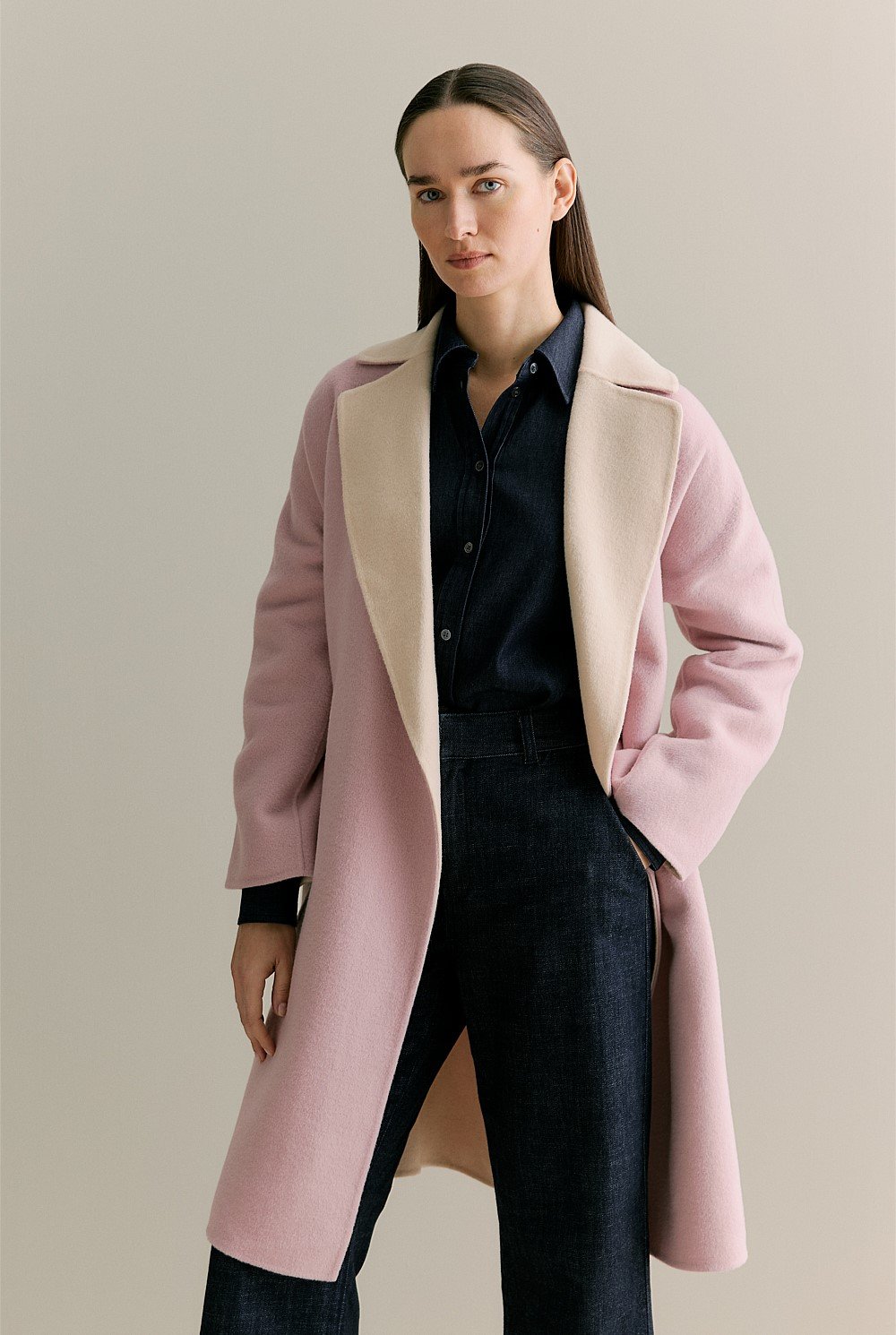 Double Faced Wool Contrast Wrap Coat