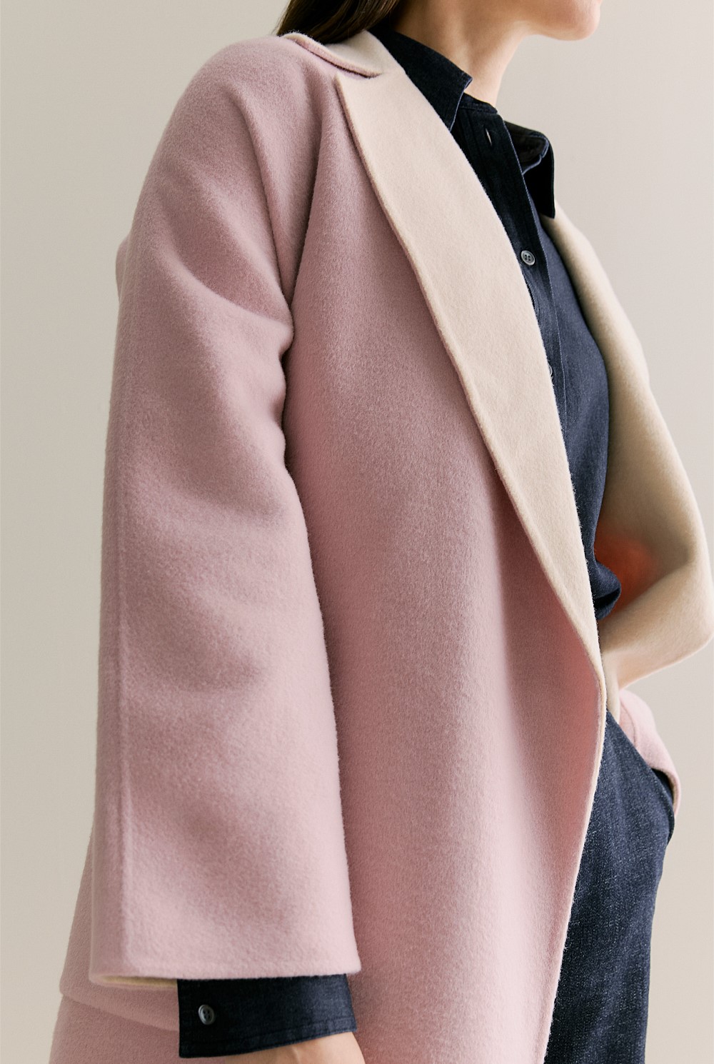 Double Faced Wool Contrast Wrap Coat