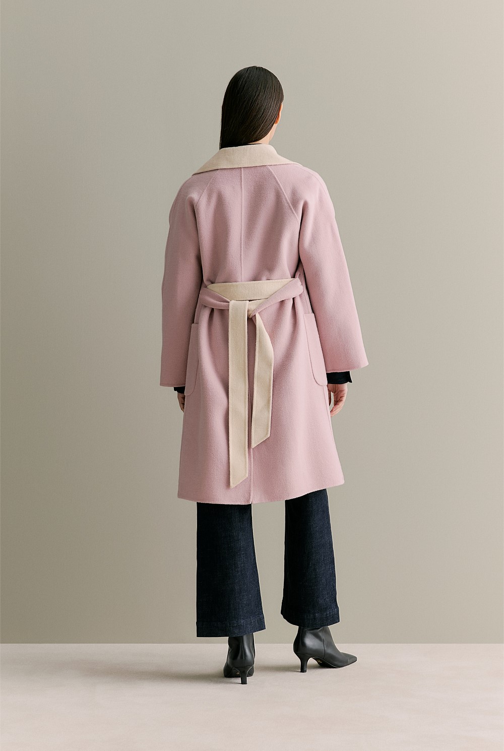 Double Faced Wool Contrast Wrap Coat