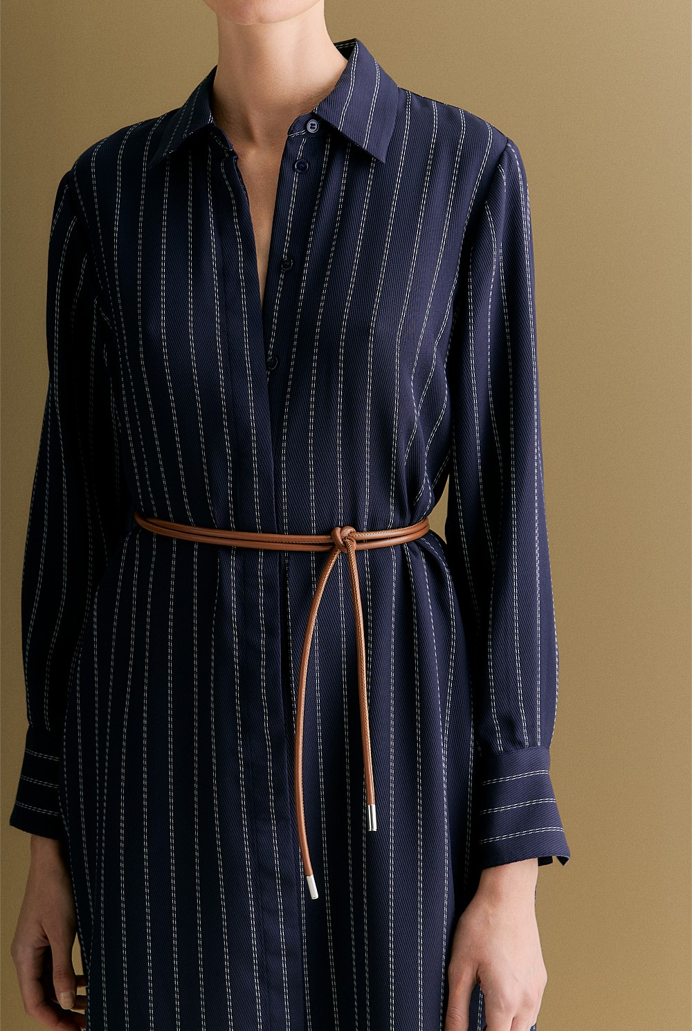 Twill Pinstripe Belted Dress
