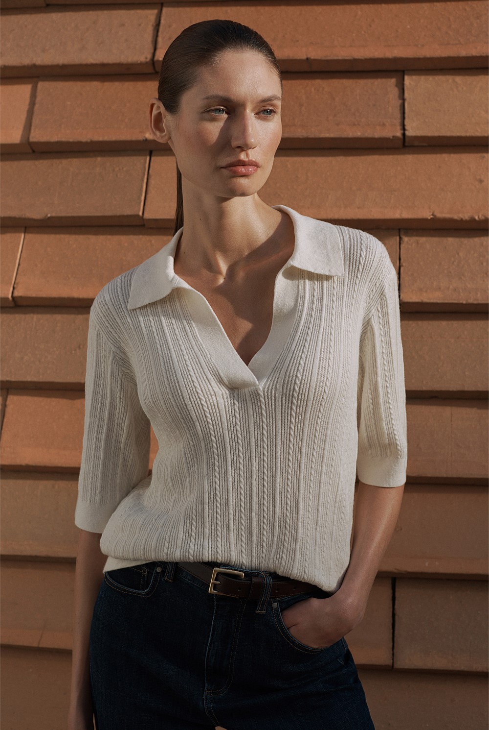 Cotton Cashmere Cable Short Sleeve Polo