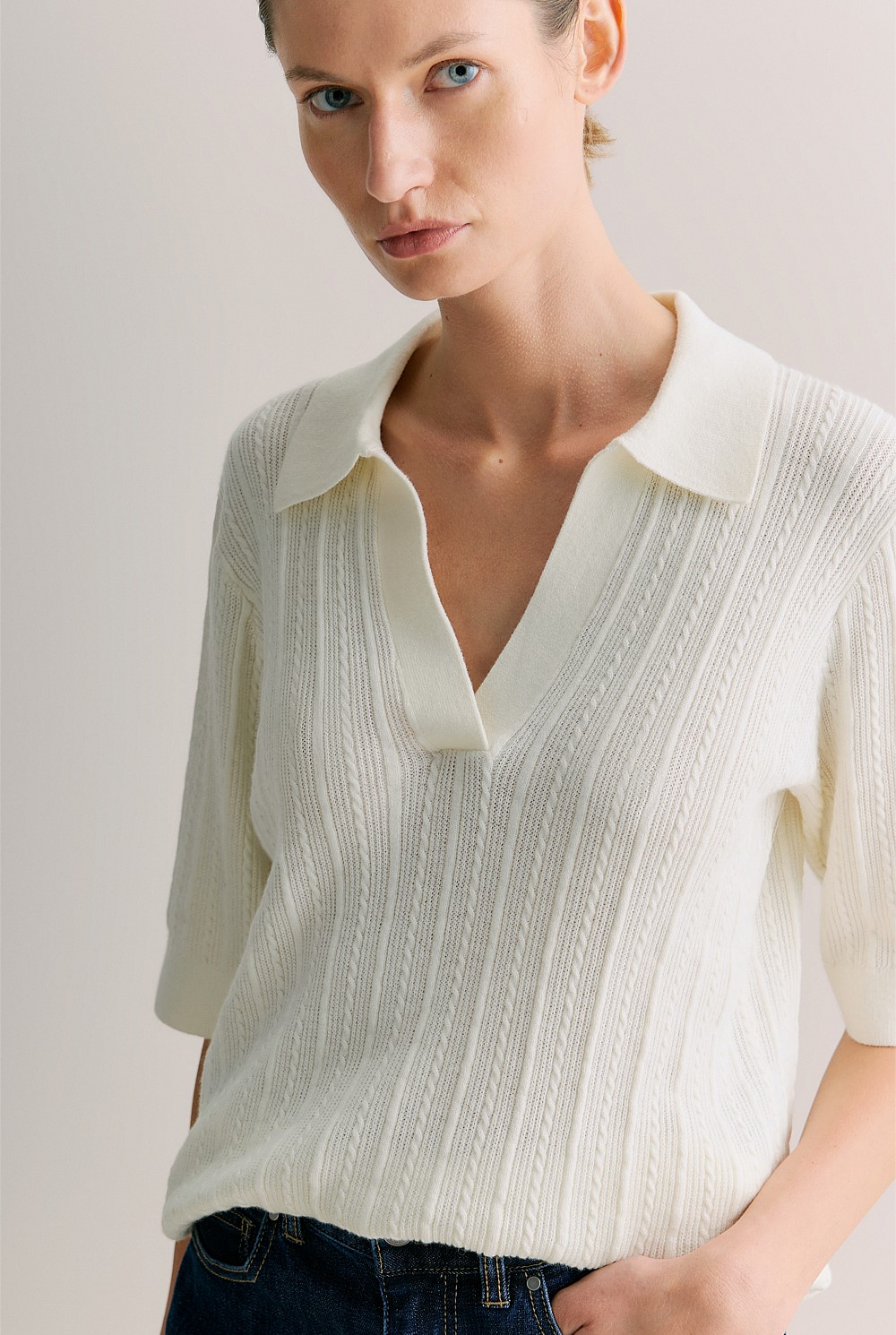 Cotton Cashmere Cable Short Sleeve Polo