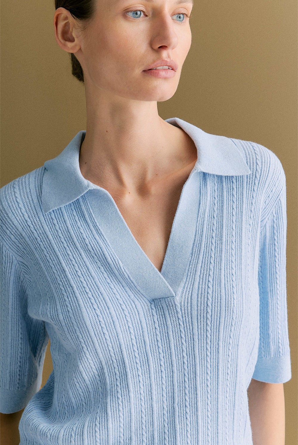 Cotton Cashmere Cable Short Sleeve Polo
