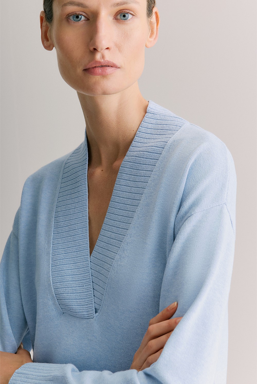 Cotton Cashmere Relaxed V Neck Knit