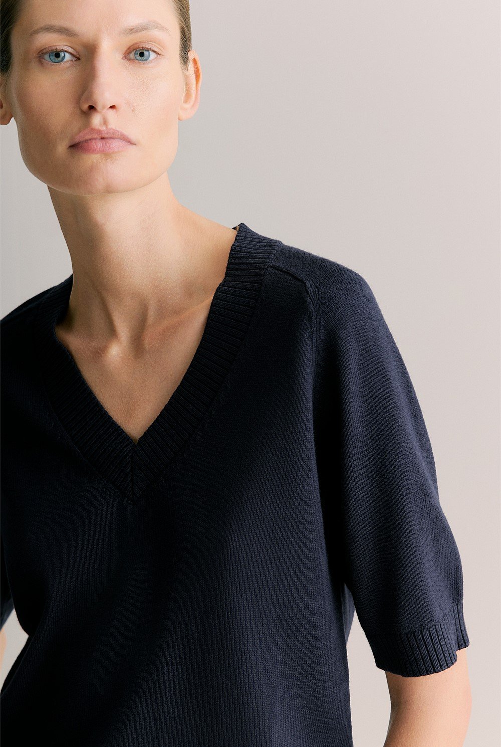 Cotton Cashmere V Neck Knit Top