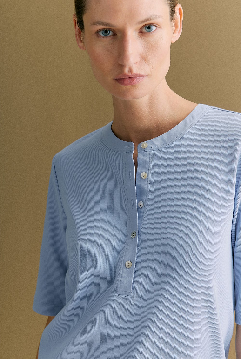 Cotton Rib Half Sleeve Henley