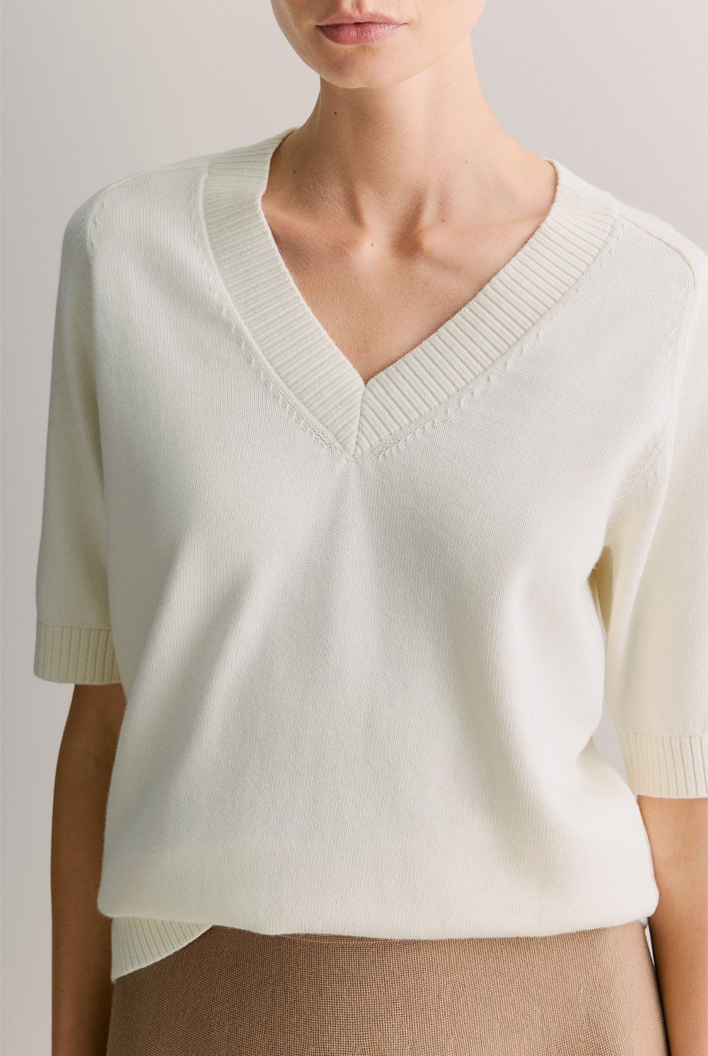 Cotton Cashmere V Neck Knit Top
