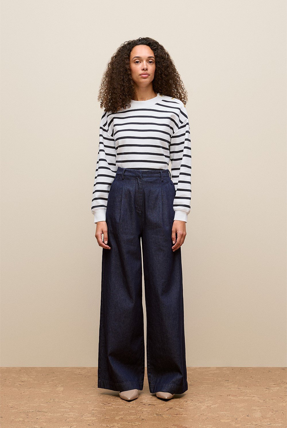 Cotton Terry Stripe Button Detail Sweat
