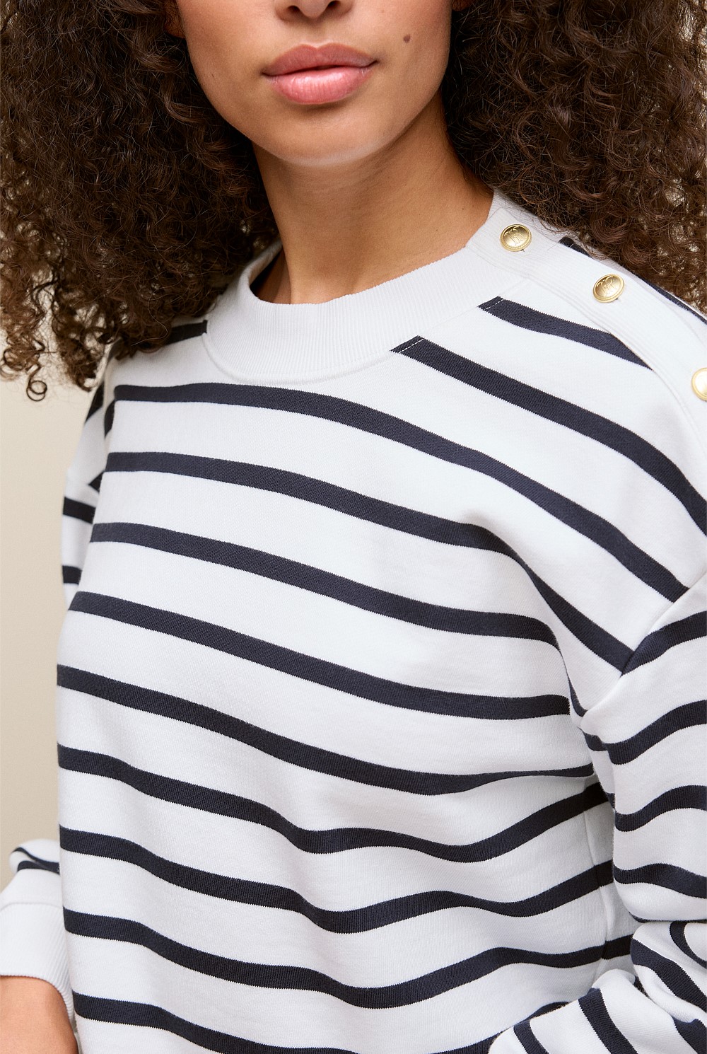 Cotton Terry Stripe Button Detail Sweat