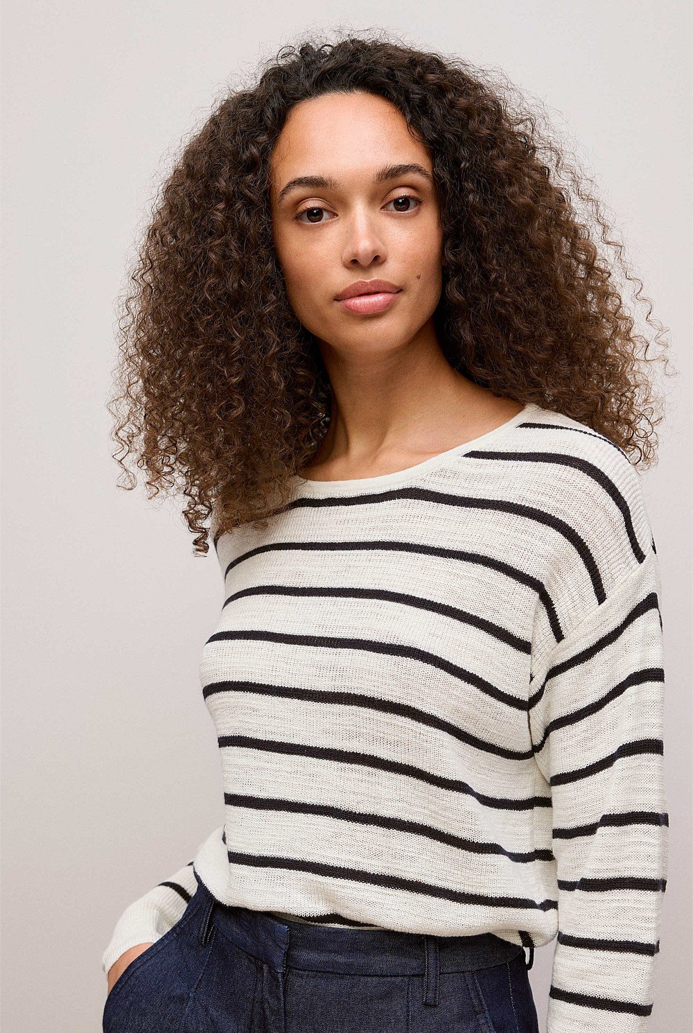 Cotton Linen Stripe Crew Knit