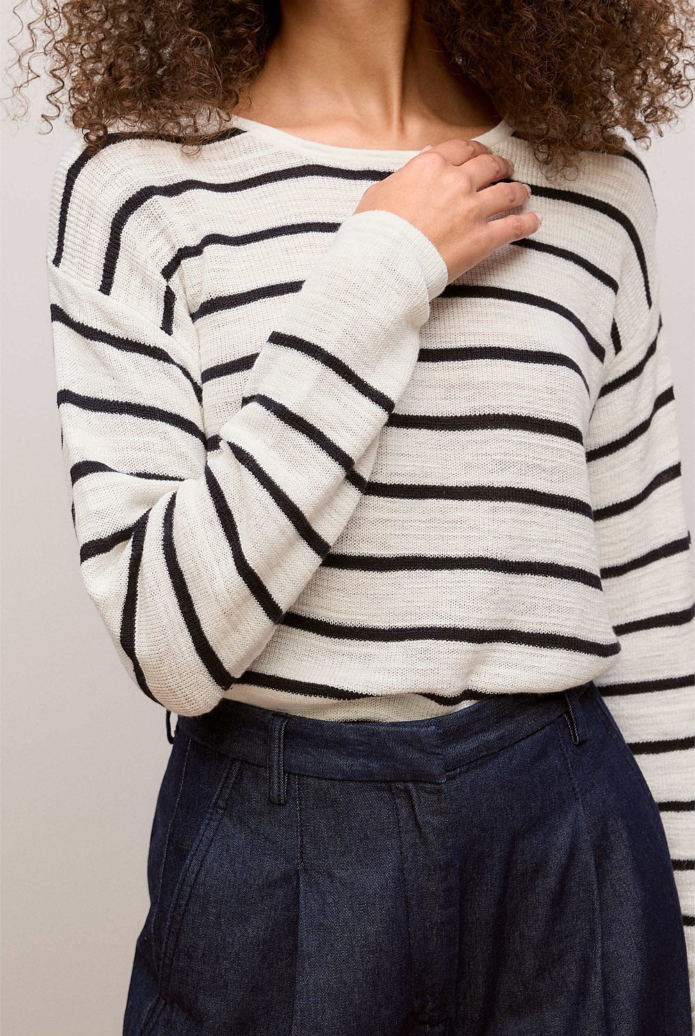 Cotton Linen Stripe Crew Knit