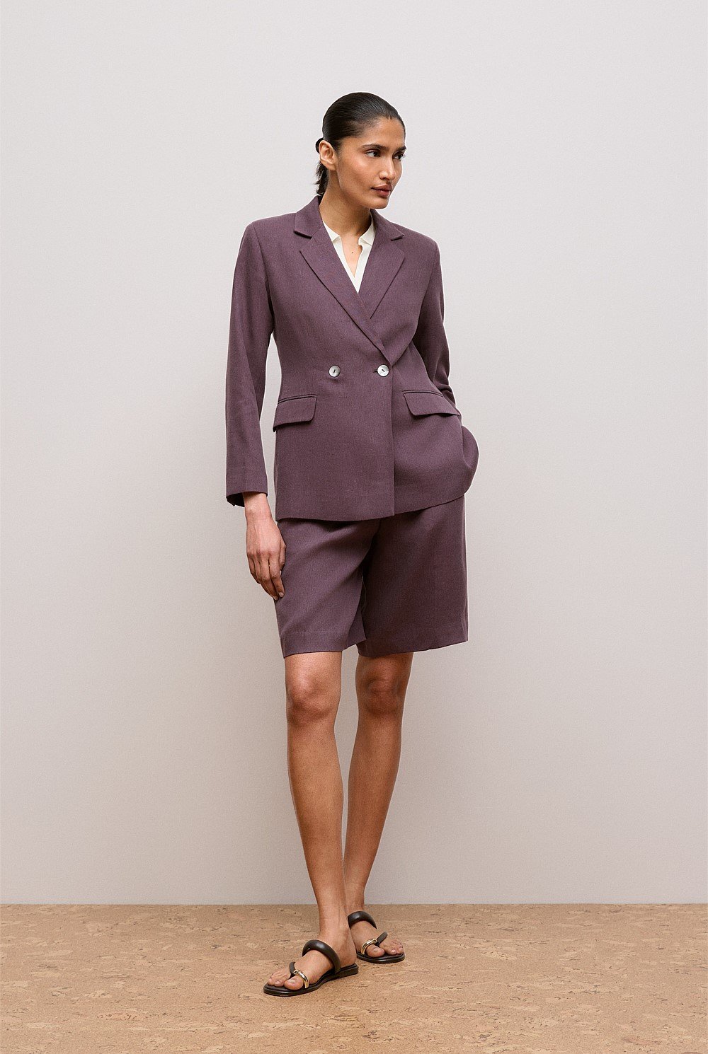 Linen Blend Twill Double Breasted Blazer