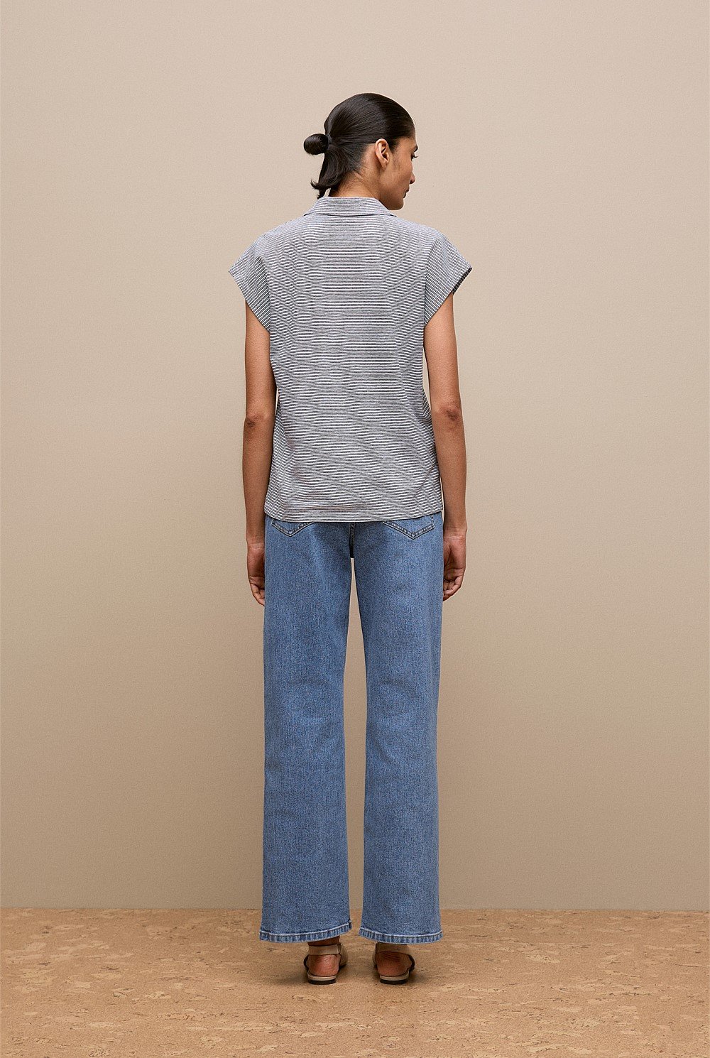 Cotton Linen Stripe Relaxed Cap Sleeve Polo