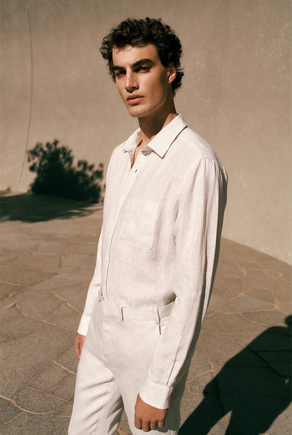 Regular Fit Fine Stripe Linen Long Sleeve Shirt