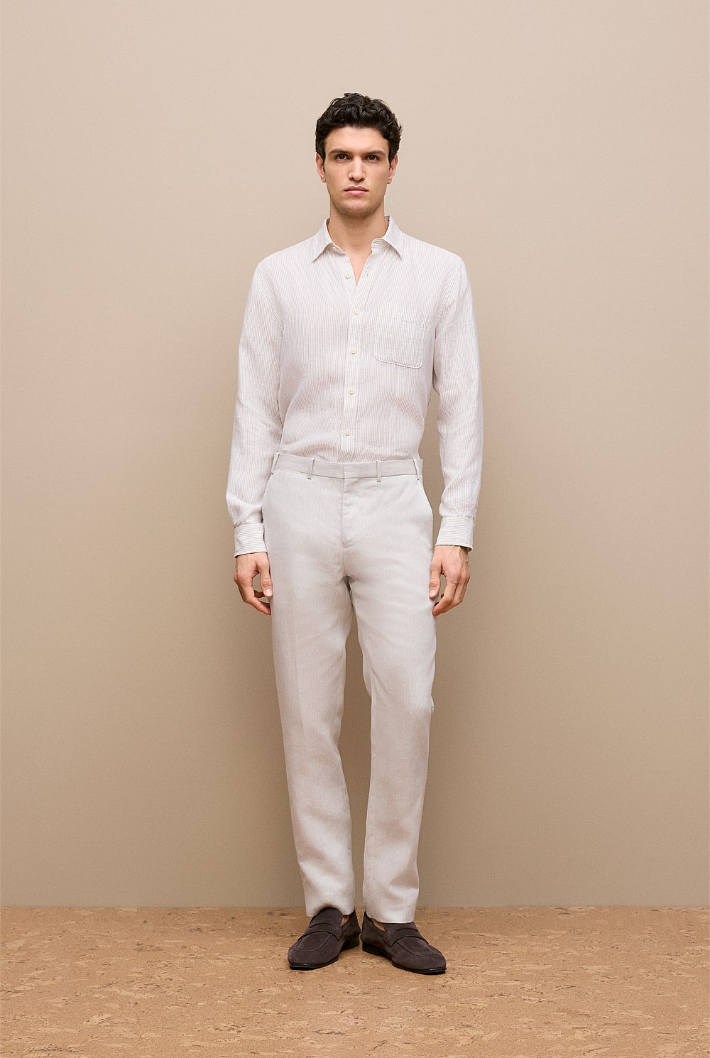 Regular Fit Fine Stripe Linen Long Sleeve Shirt