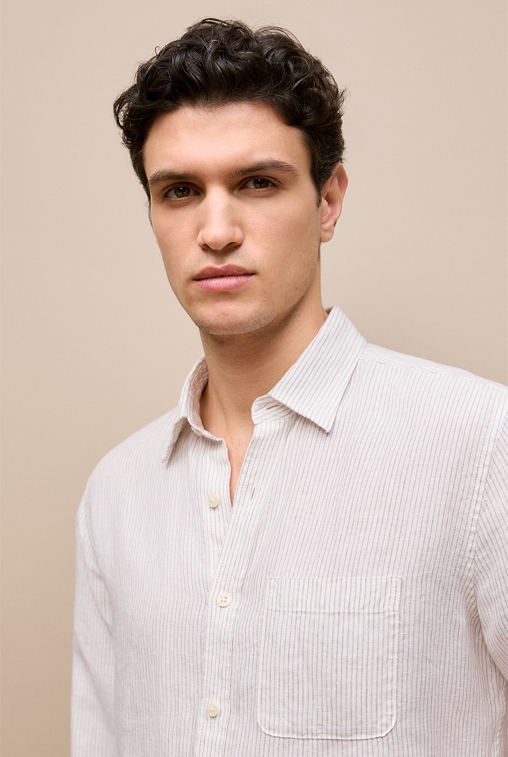 Regular Fit Fine Stripe Linen Long Sleeve Shirt