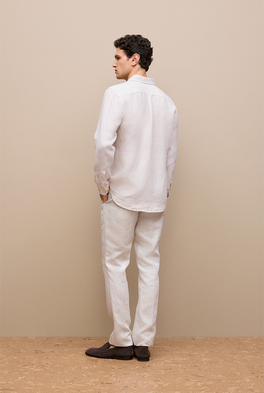 Regular Fit Fine Stripe Linen Long Sleeve Shirt