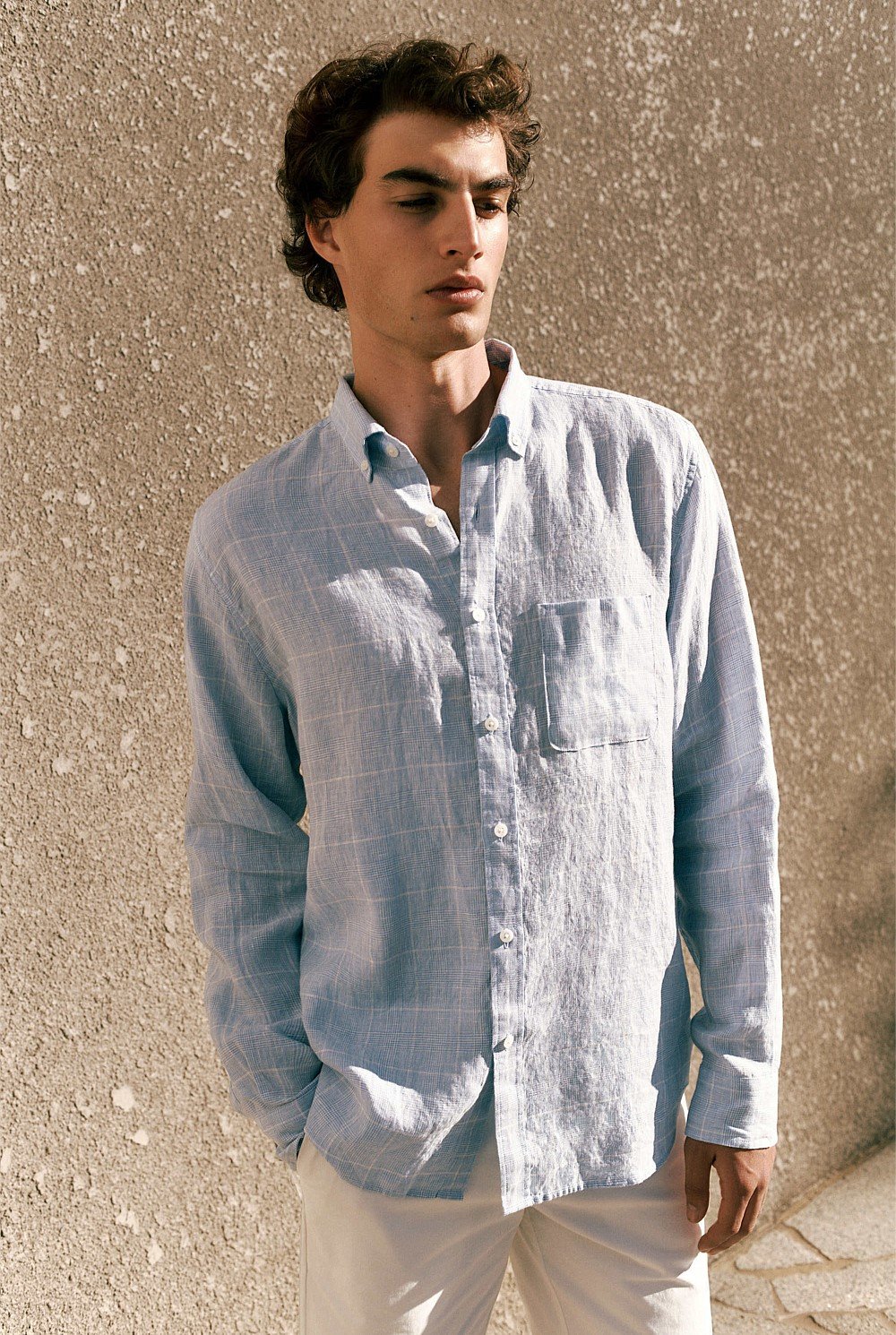 Regular Fit Glen Check Linen Long Sleeve Shirt