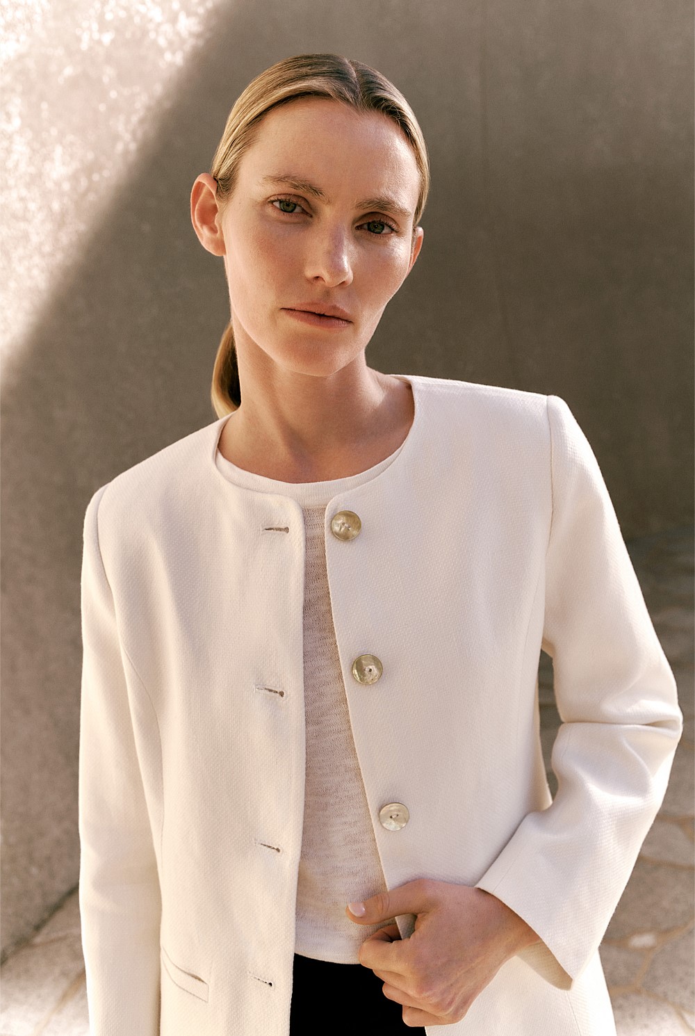 Basketweave Linen Collarless Jacket