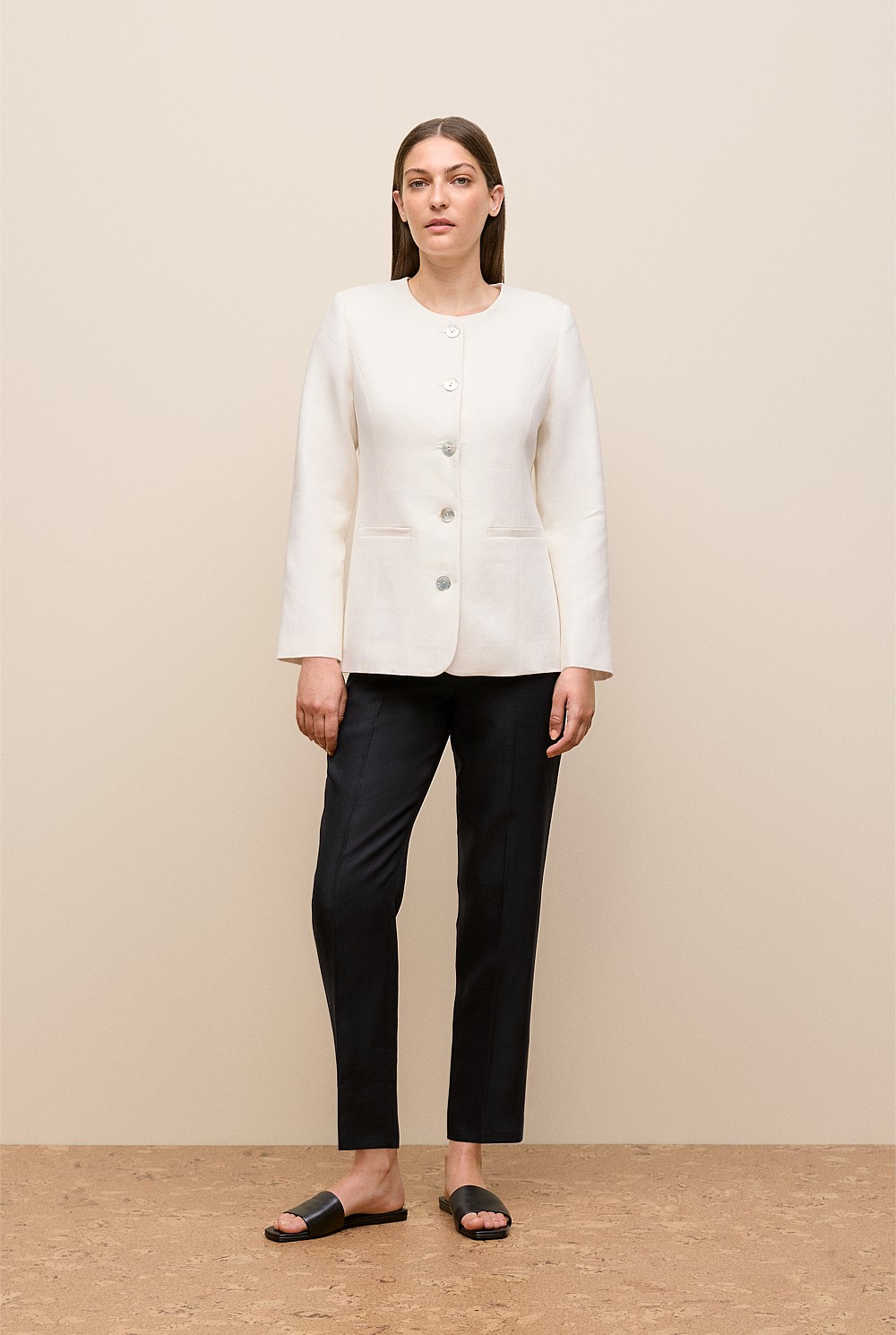 Basketweave Linen Collarless Jacket