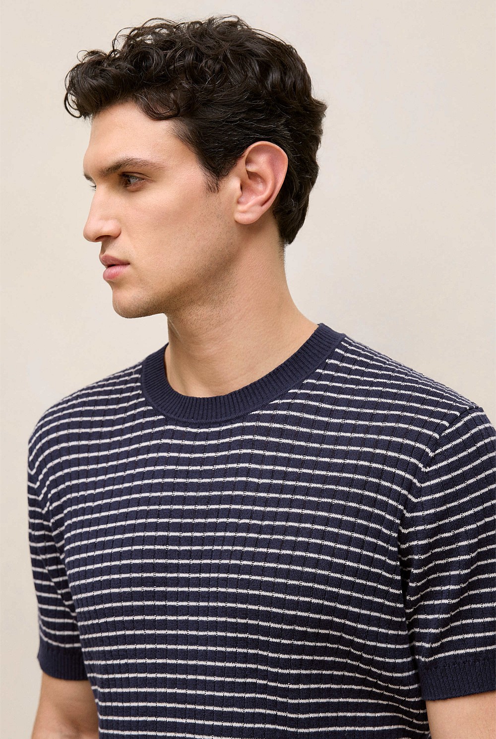 Linen Cotton Rib Stripe Knit T-shirt