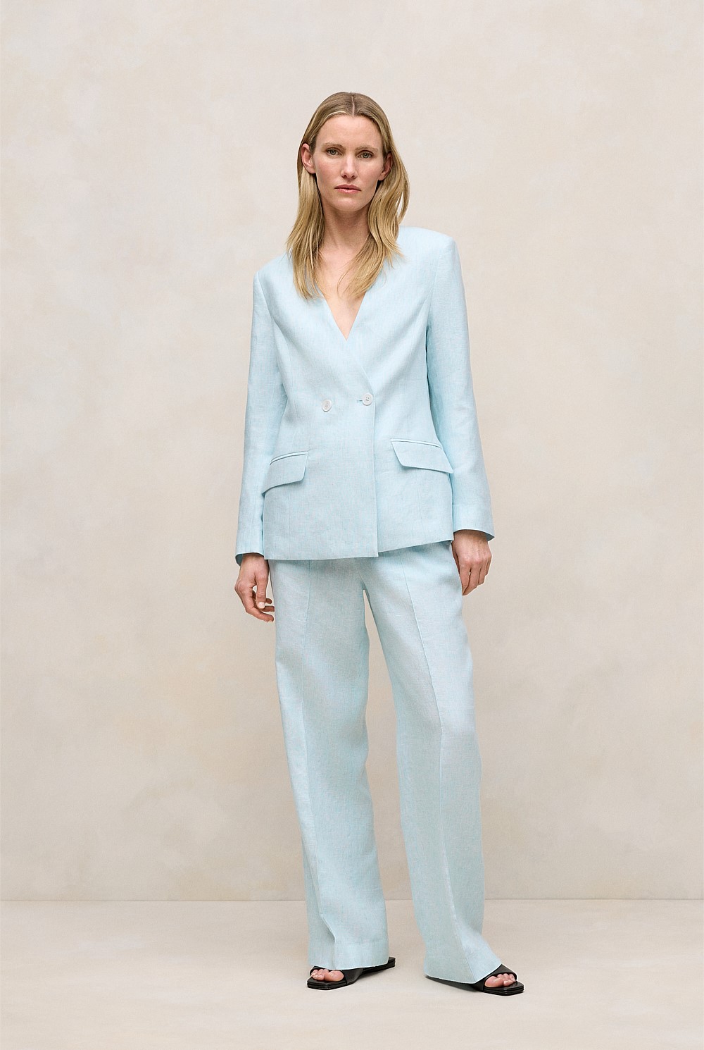 Linen Collarless V Neck Blazer