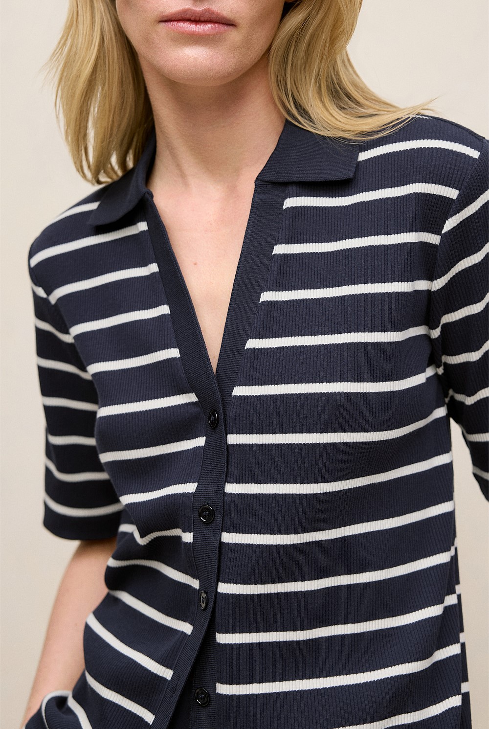 Stripe Rib Button Through T-shirt